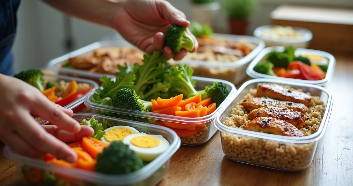 Pessoa preparando marmitas fitness em bancada da cozinha 