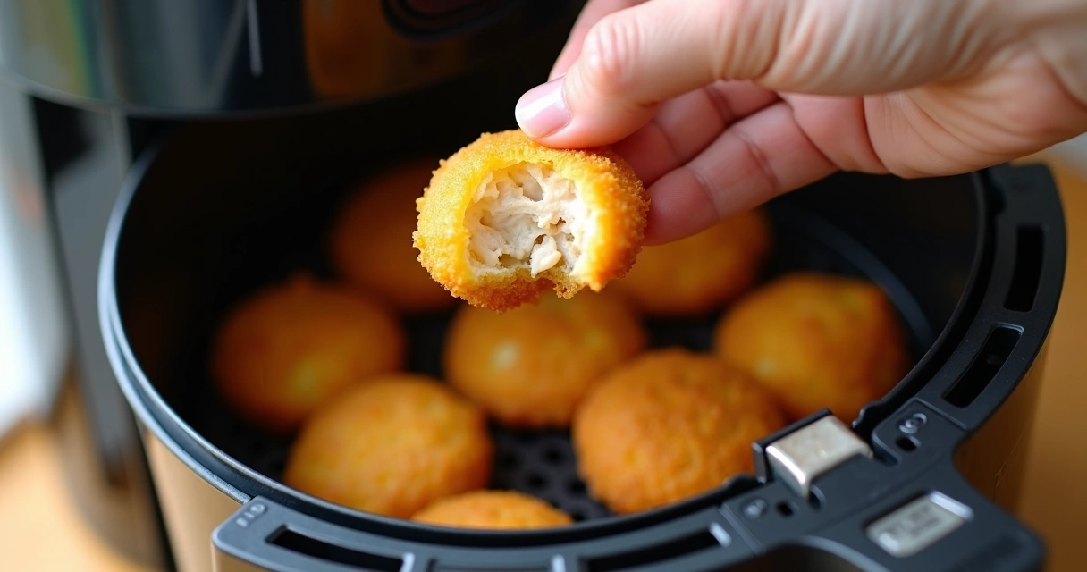 Mão colocando mini esfirras fit em air fryer