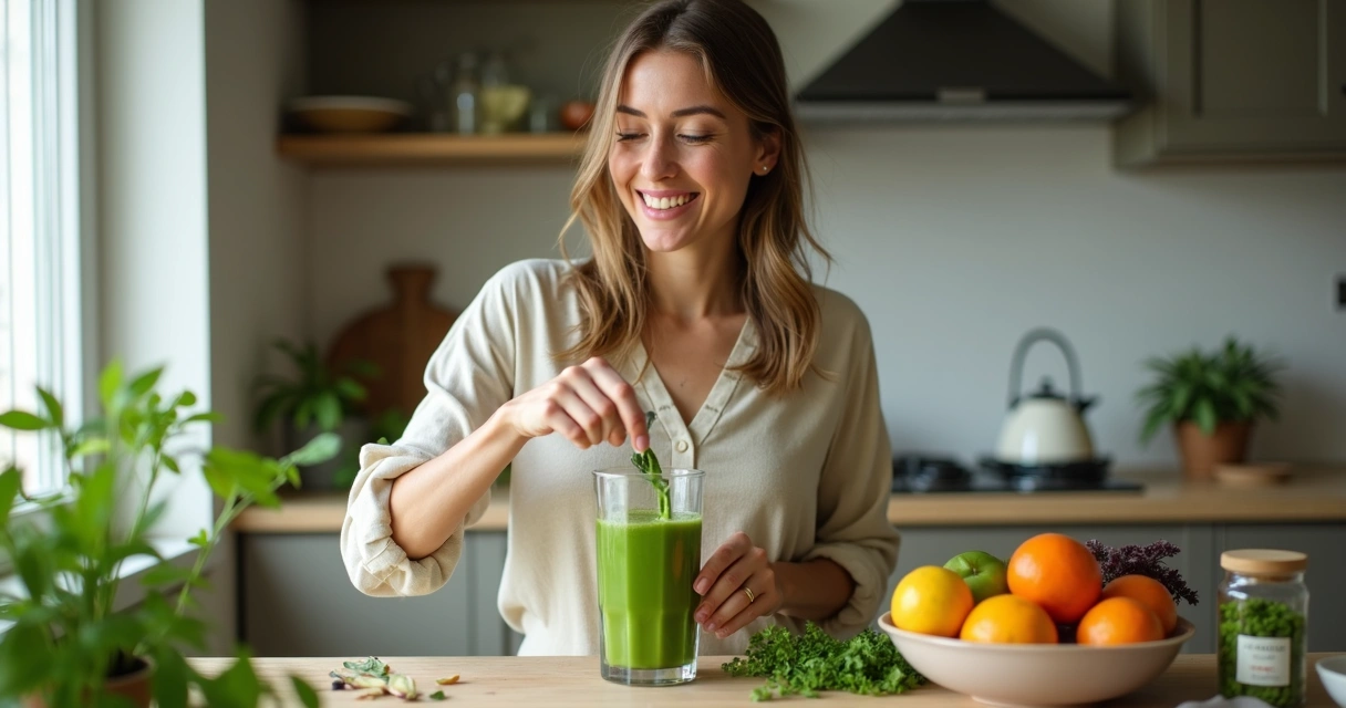Mulher preparando suco verde com moringa na cozinha 
