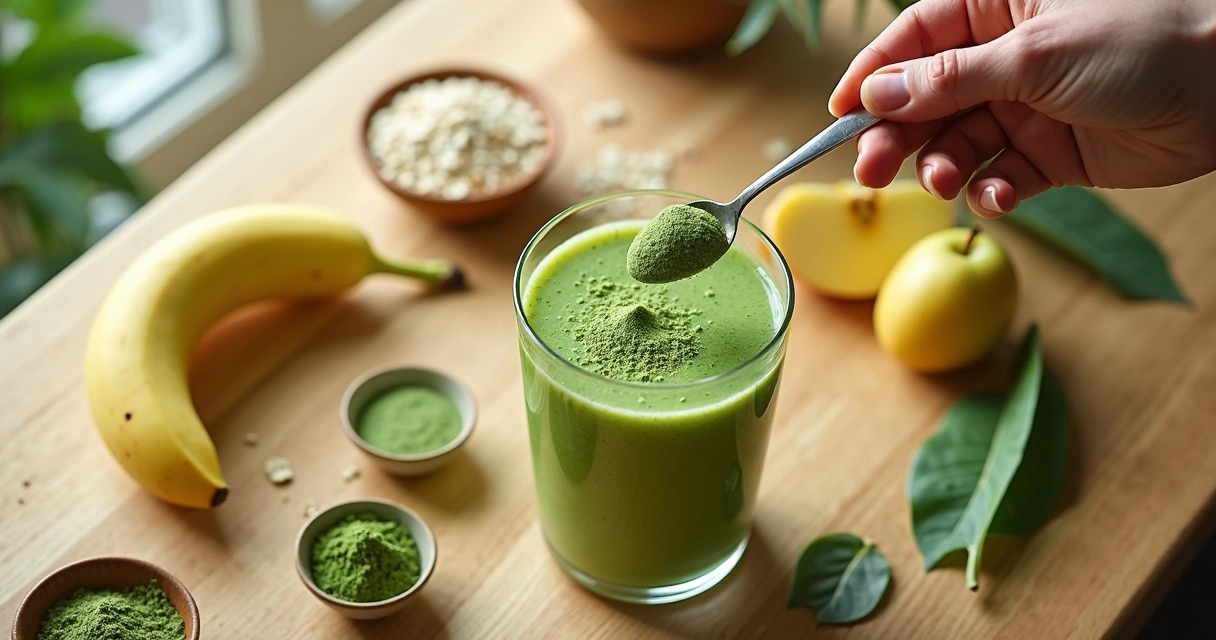Moringa em pó ao lado de smoothie e frutas na cozinha 