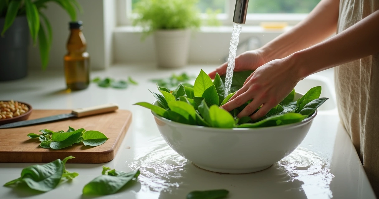 Pessoa preparando folhas de moringa na cozinha