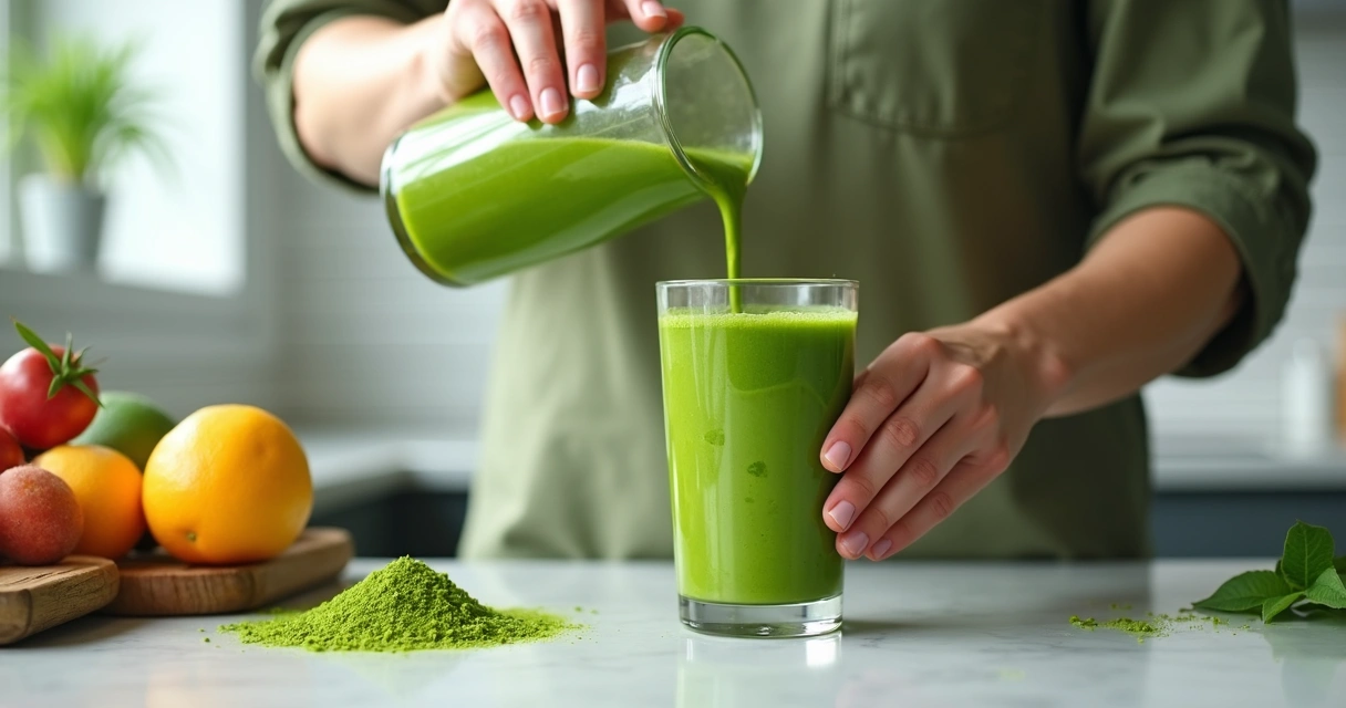 Pessoa preparando bebida com moringa em pó na cozinha 