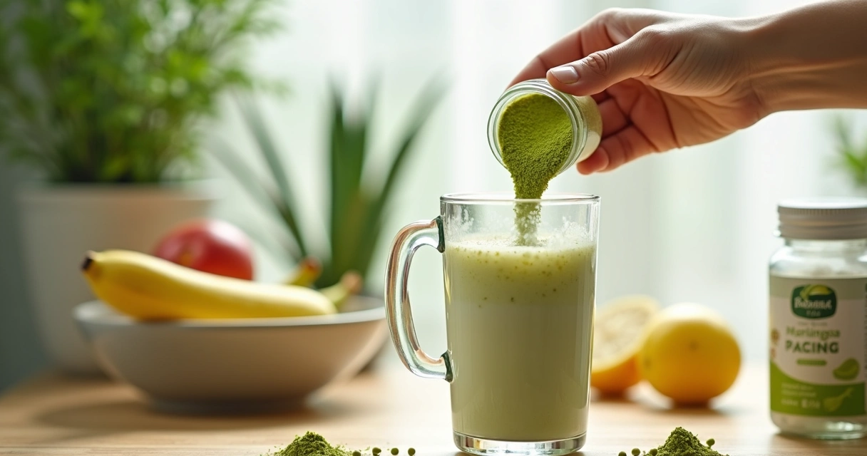 Suplemento de moringa em pó sendo misturado em vitamina