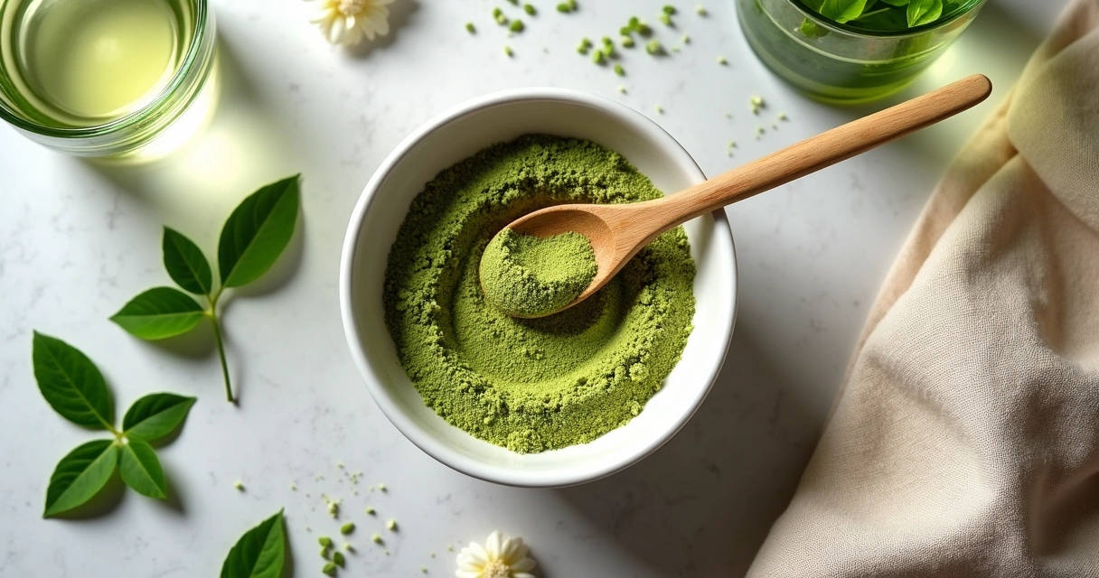 Colher com pó de moringa sobre tigela branca