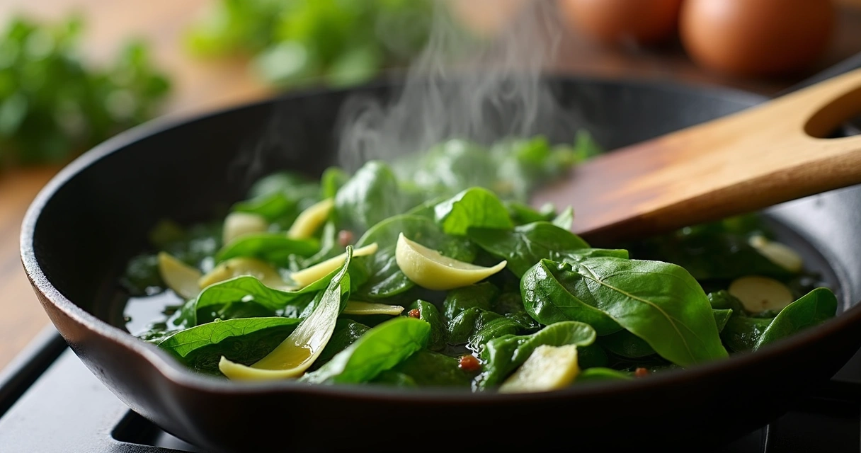 Moringa fresca sendo refogada em frigideira com alho