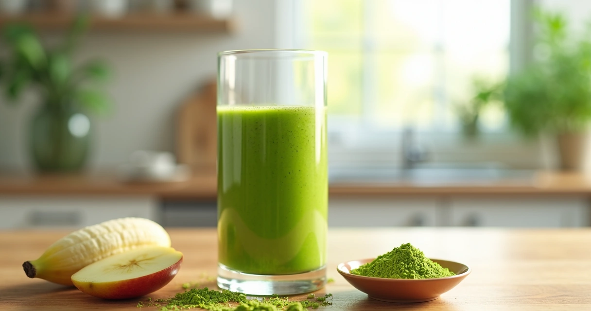 Copo de vitamina verde com pó de moringa ao lado de frutas 