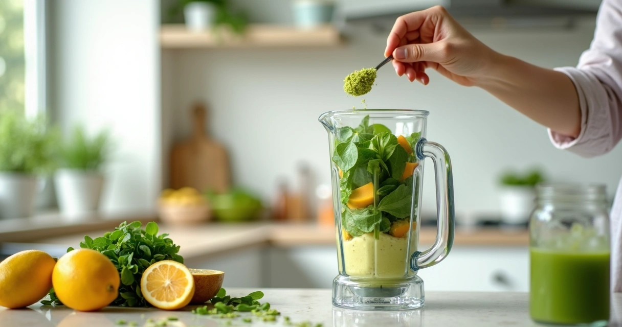 Pessoa preparando smoothie verde com pó de moringa 