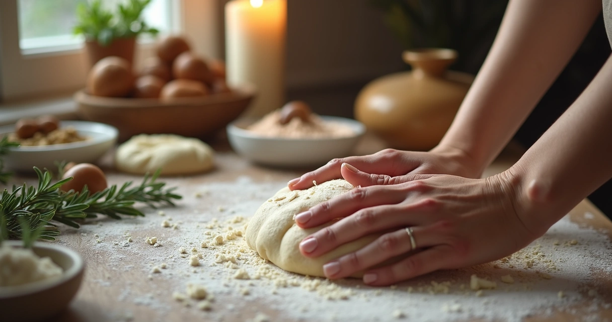 Mãos femininas amassando pão artesanal em bancada de madeira 