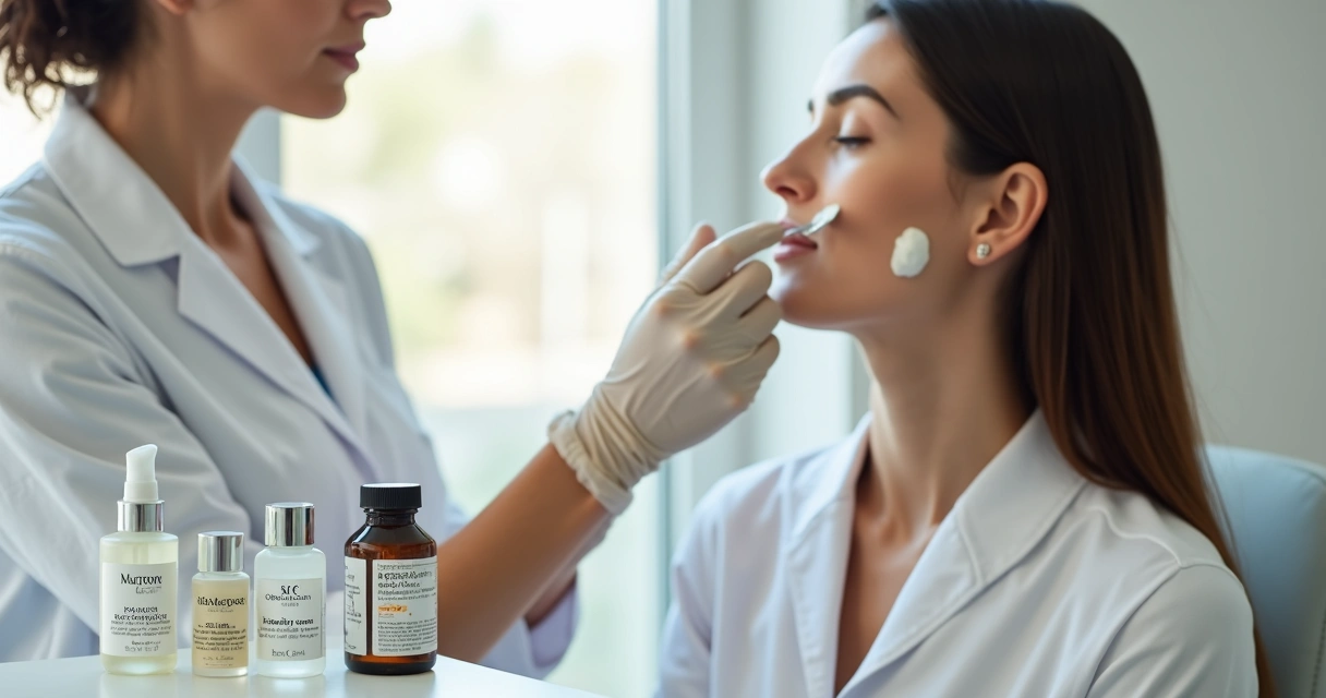 Profissional aplicando creme em rosto feminino antes de peeling químico 