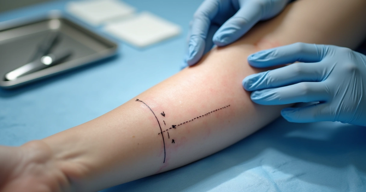 Close-up de pele com vitiligo marcada para transplante de melanócitos em ambiente cirúrgico 