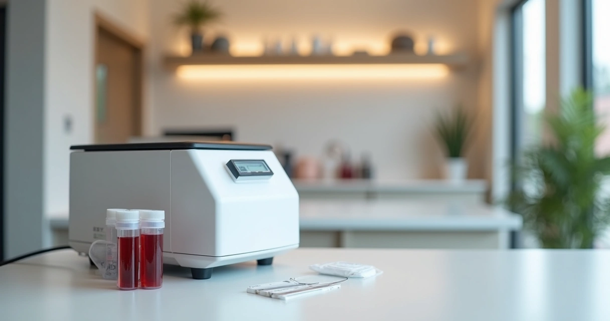 Tubos com sangue e centrífuga em ambiente clínico