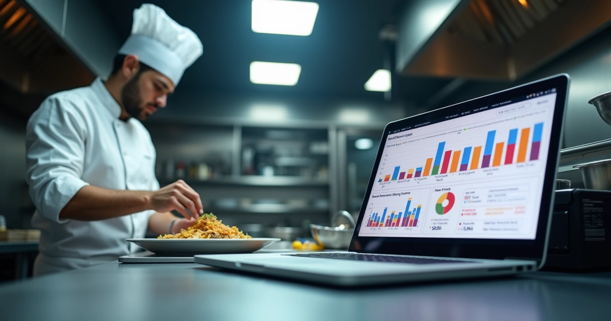Chef preparando prato com notebook aberto mostrando gráficos ao fundo 