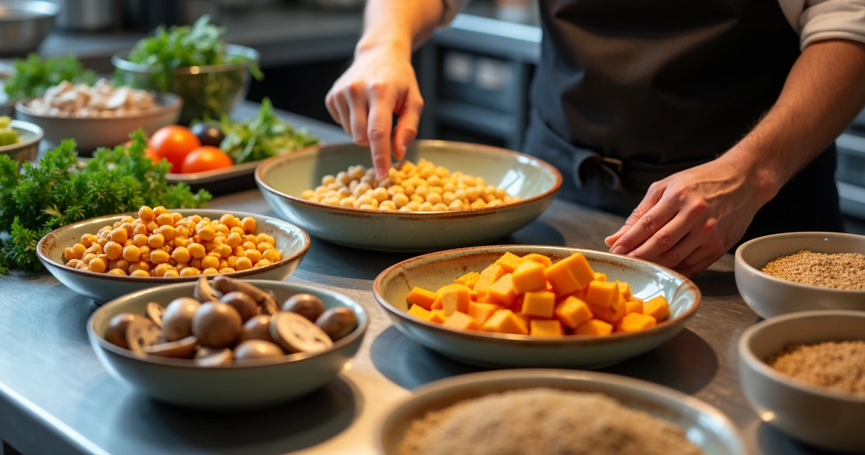 Mise en place de prato vegano em cozinha profissional 