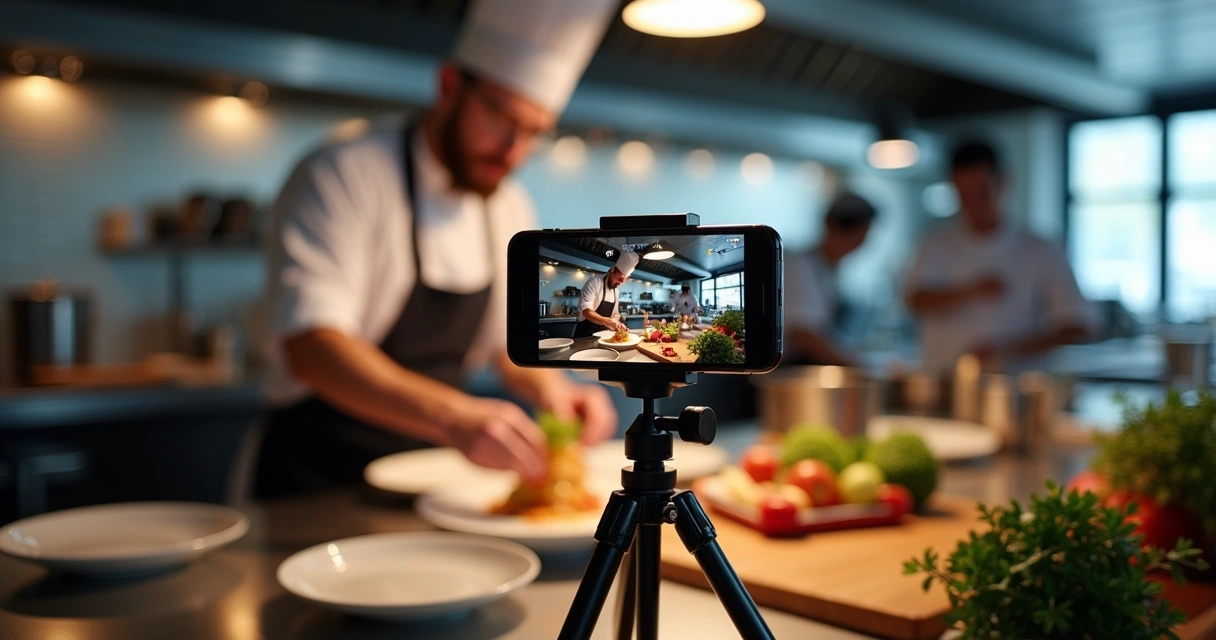 Chef preparando prato diante de celular gravando vídeo para redes sociais, cozinha iluminada ao fundo 