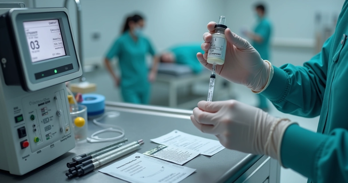 Seringa de propofol sendo preparada ao lado de bomba de infusão em ambiente hospitalar 