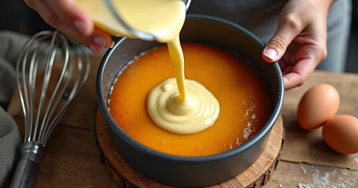 Mistura líquida de pudim sendo despejada em forma caramelizada 
