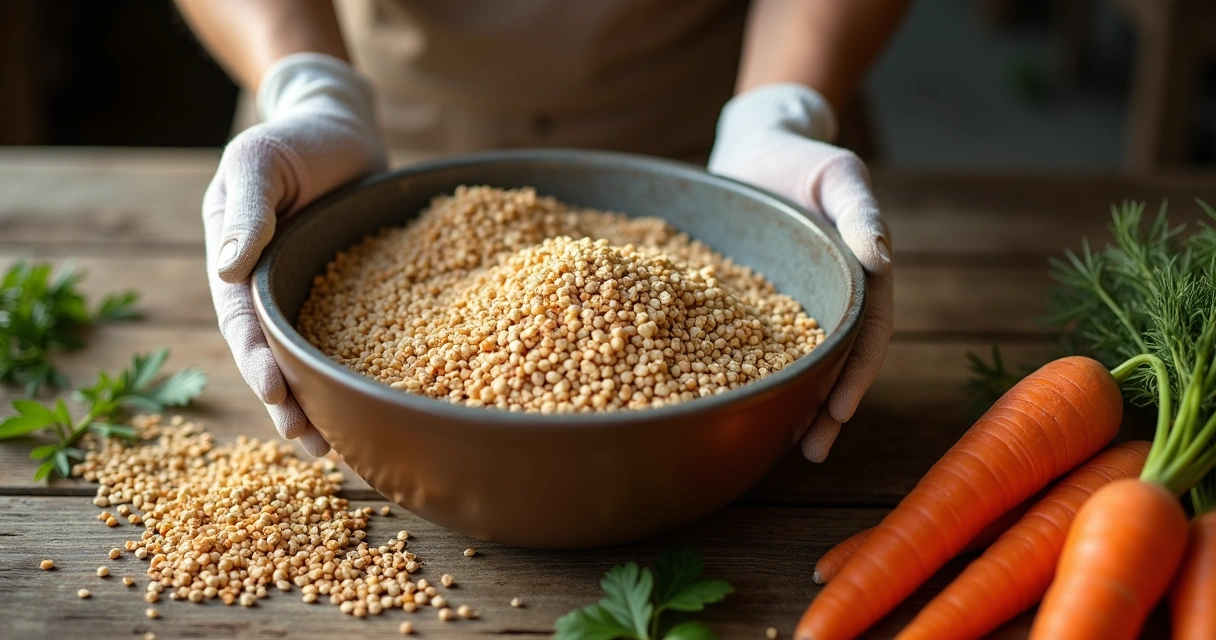 Pessoa misturando ingredientes naturais em bacia para fazer ração caseira para cavalo.