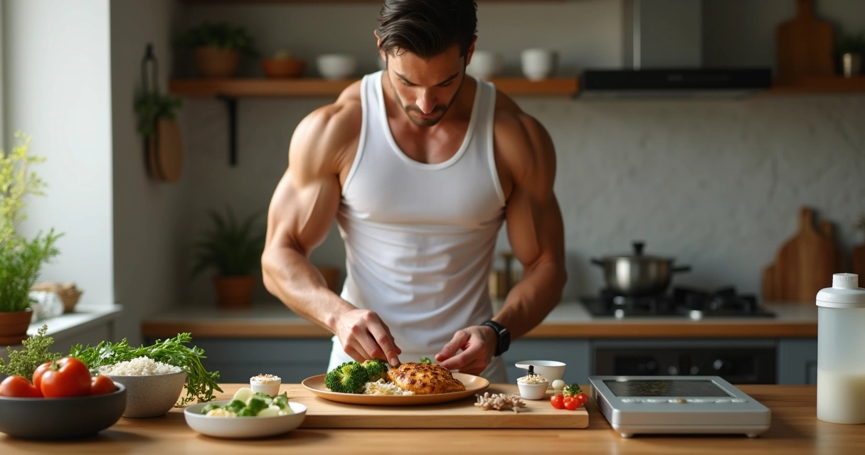 Atleta preparando refeição saudável em bancada de cozinha 