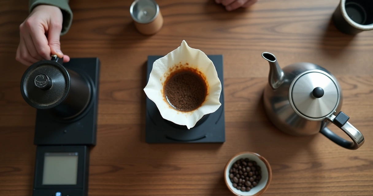 Preparo de V60 com moedor manual em bancada de café 