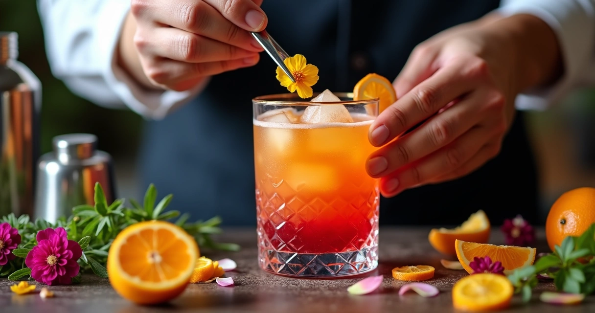 Preparação visual de um drink autoral em processo, com bartender aplicando decoração criativa com frutas e flores com pinça 