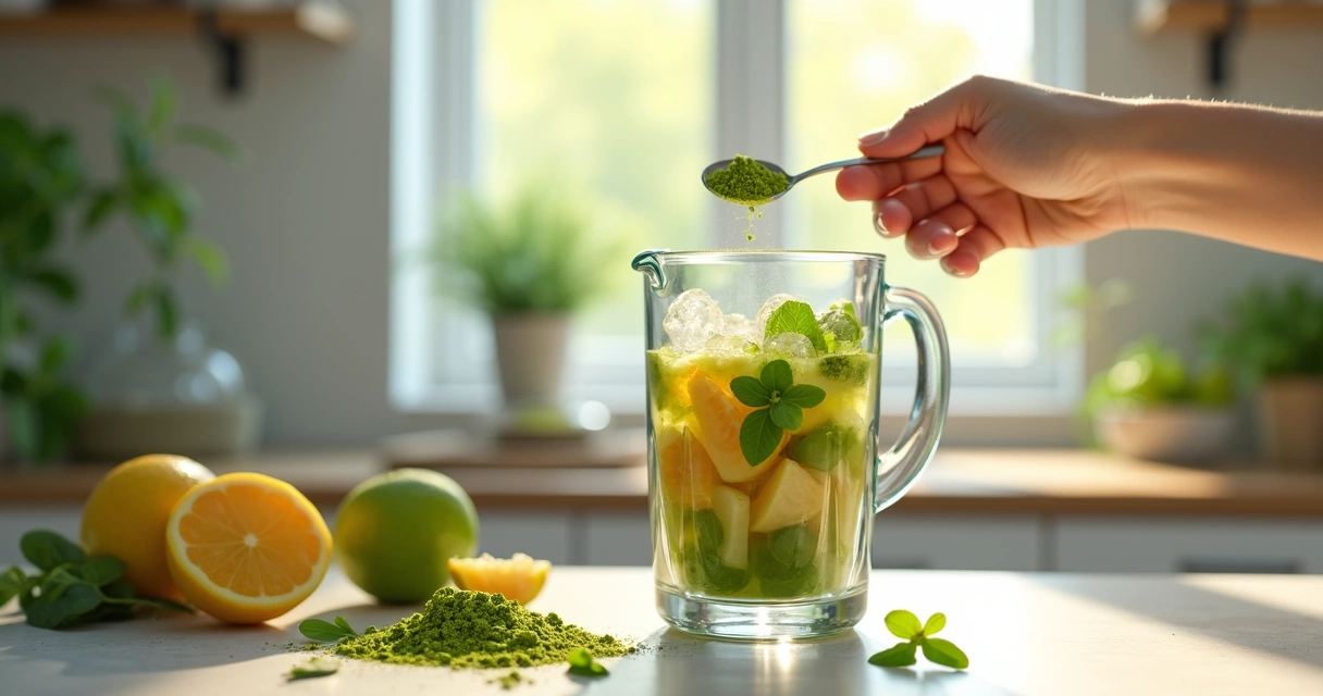 Pessoa adicionando pó de moringa em um smoothie verde na cozinha 
