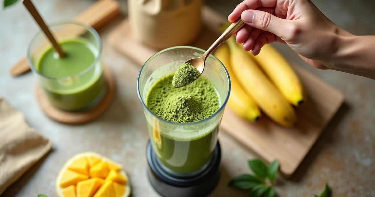 Pessoa preparando vitamina vegana com pó de moringa e frutas