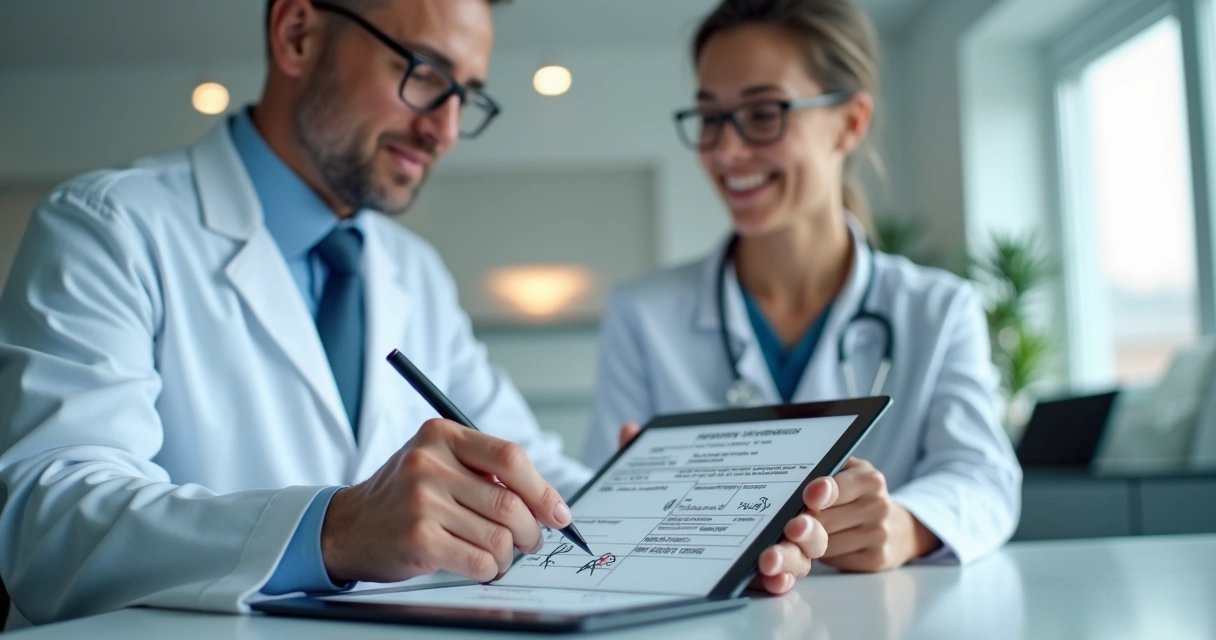 Médico assinando receita digital em tablet com paciente ao lado