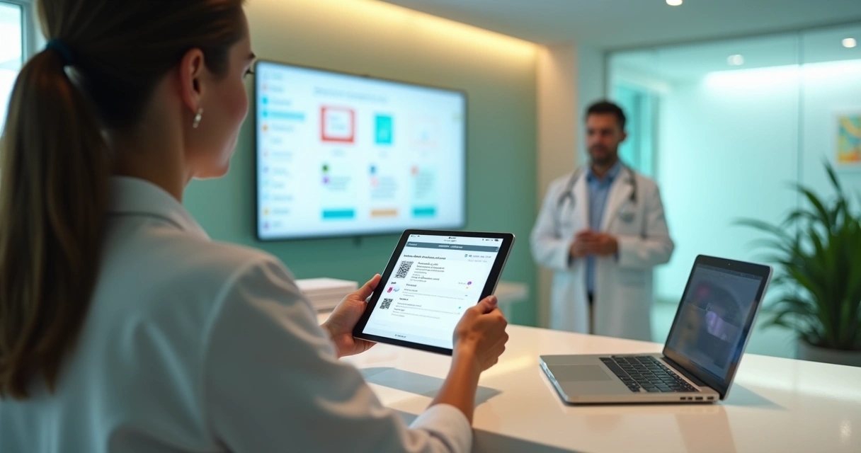 Recepcionista de clínica escaneando QR code de receita digital em tablet 