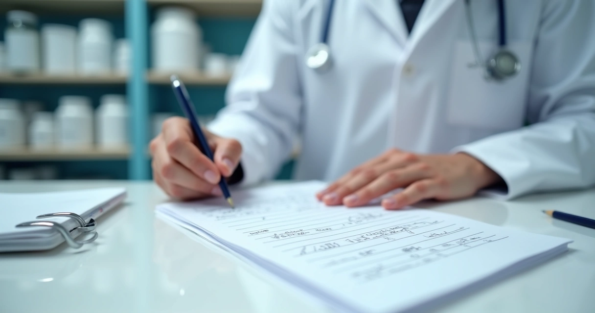 Receita médica sobre balcão de farmácia de manipulação 