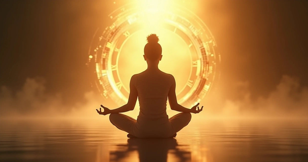 Pessoa sentada meditando em meio a luz dourada 