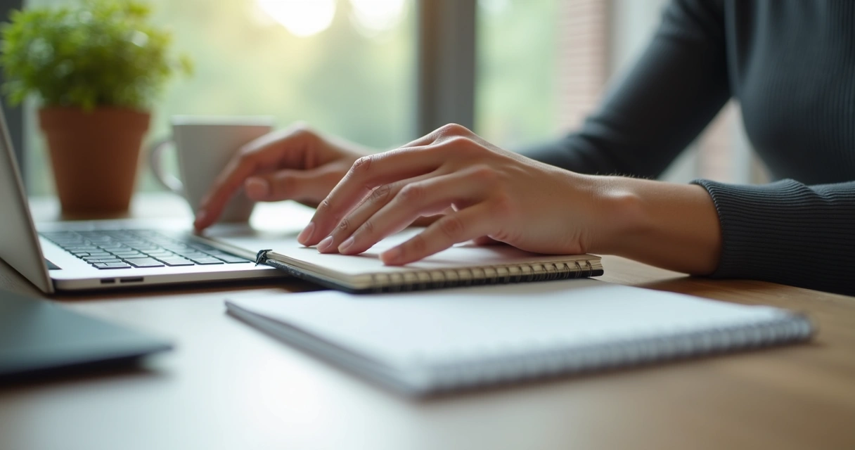 Mãos de pessoa digitando calmamente no notebook em ambiente tranquilo 