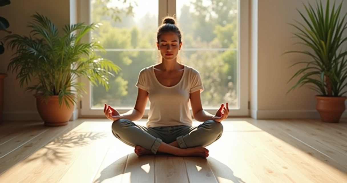 Pessoa sentada com postura relaxada, olhos fechados, praticando atenção plena