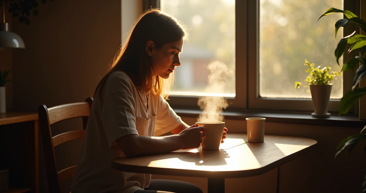 Pessoa olhando para uma xícara de café com atenção em uma mesa ao nascer do sol 