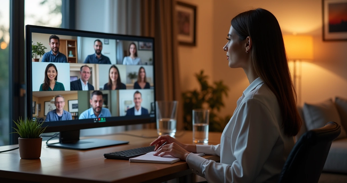 Profissional focado participando ativamente de reunião virtual em ambiente organizado 