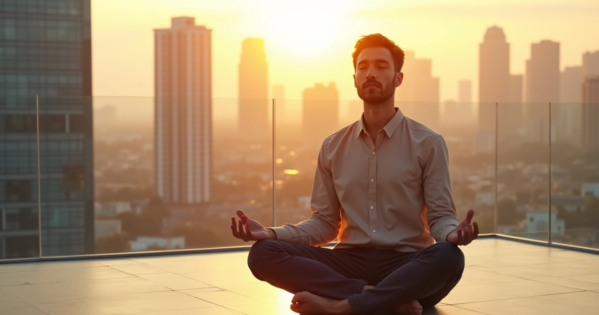 Pessoa sentada em postura de meditação em um terraço urbano ao nascer do sol 