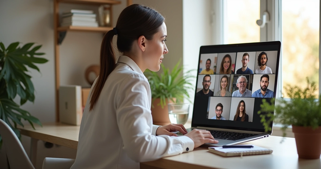 Profissional atento em reunião virtual com colegas na tela do computador 
