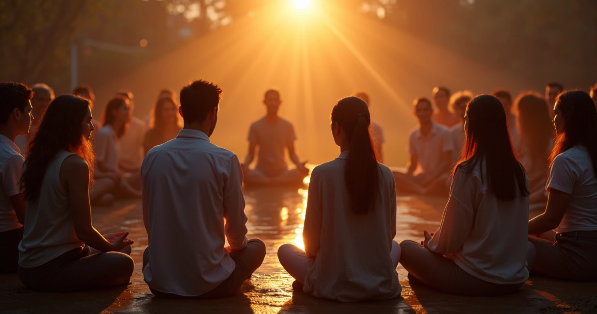 Grupo de pessoas reunidas em círculo, olhando um para o outro com expressão de empatia e presença, luz suave iluminando o centro 
