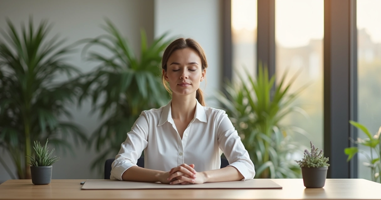 Pessoa sentada calma em ambiente de trabalho, olhos fechados, praticando consciência plena