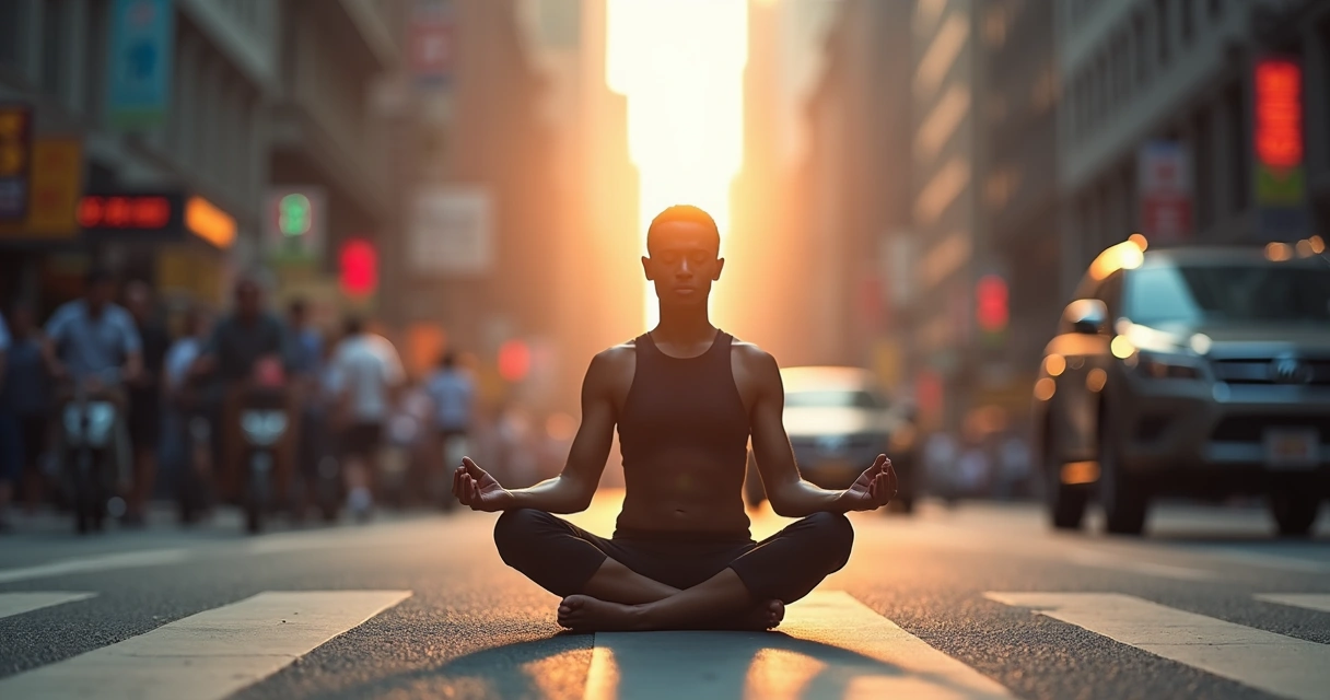 Pessoa sentada em posição de meditação em meio a um ambiente urbano agitado, carros passando ao redor 