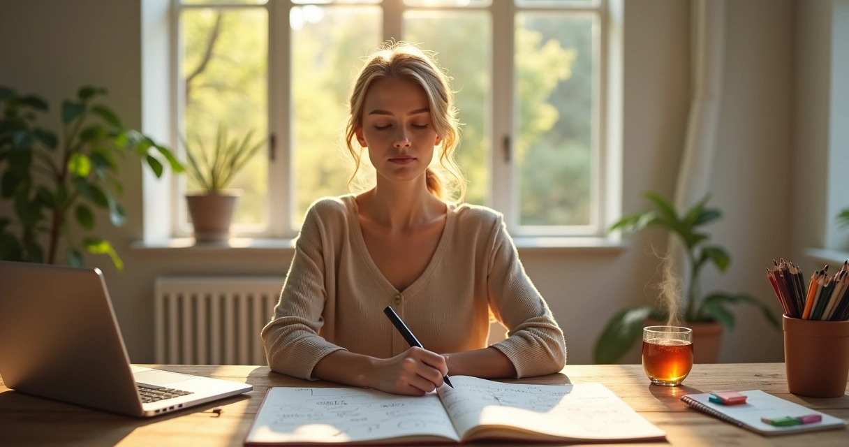 Pessoa criando em mesa de trabalho com aura de luz representando presença consciente 