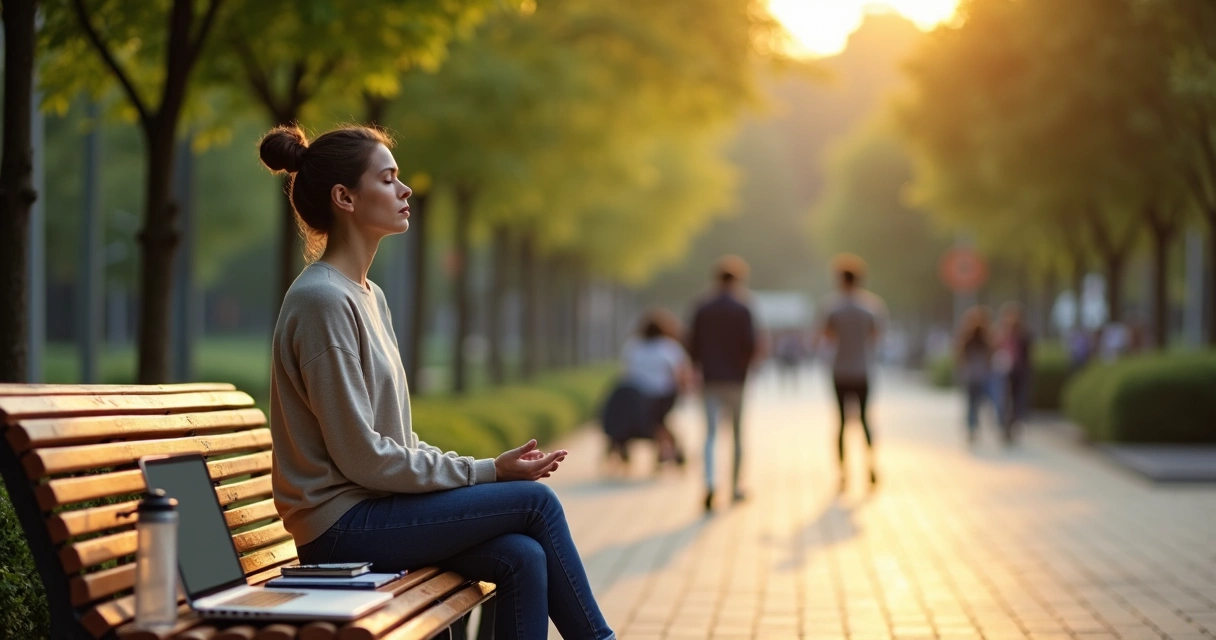 Pessoa sentada em um banco ao ar livre praticando presença consciente no dia a dia 