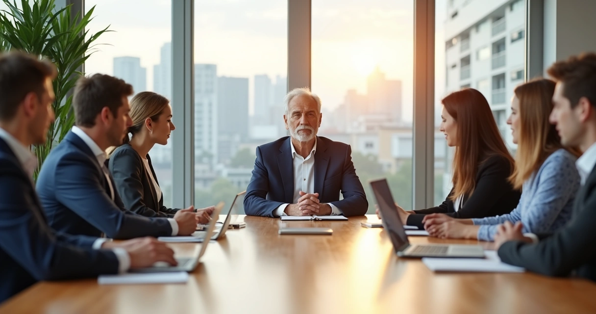 Profissionais em reunião de negócios praticando presença consciente em um escritório moderno 