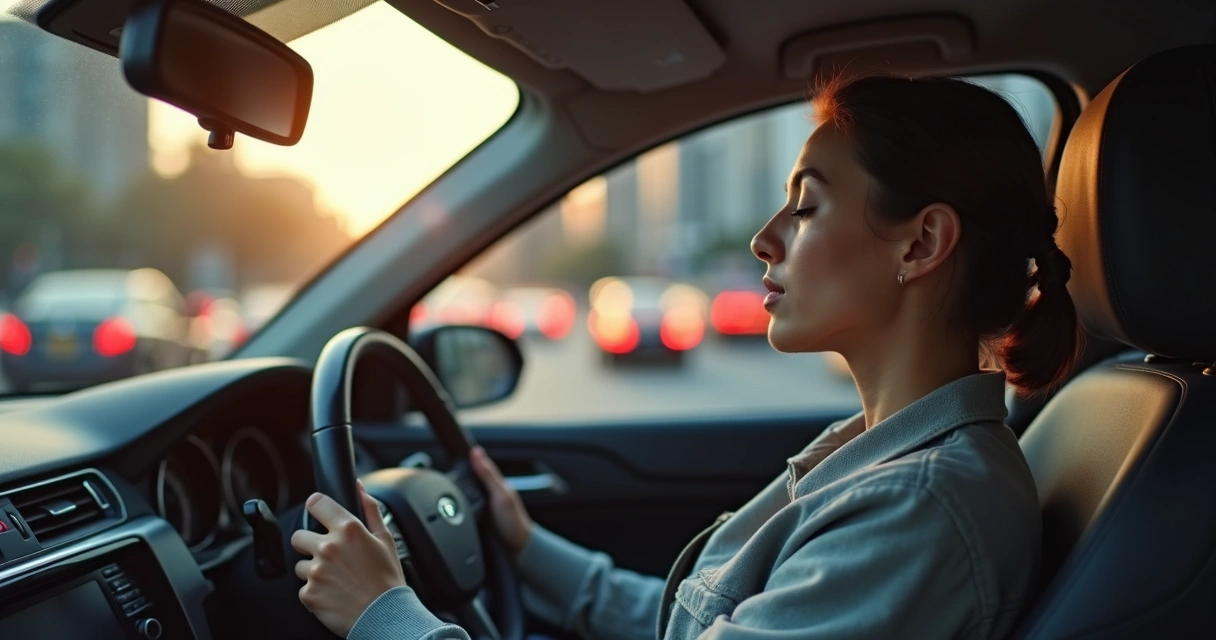 Pessoa sentada em postura relaxada respirando fundo em meio ao trânsito intenso 