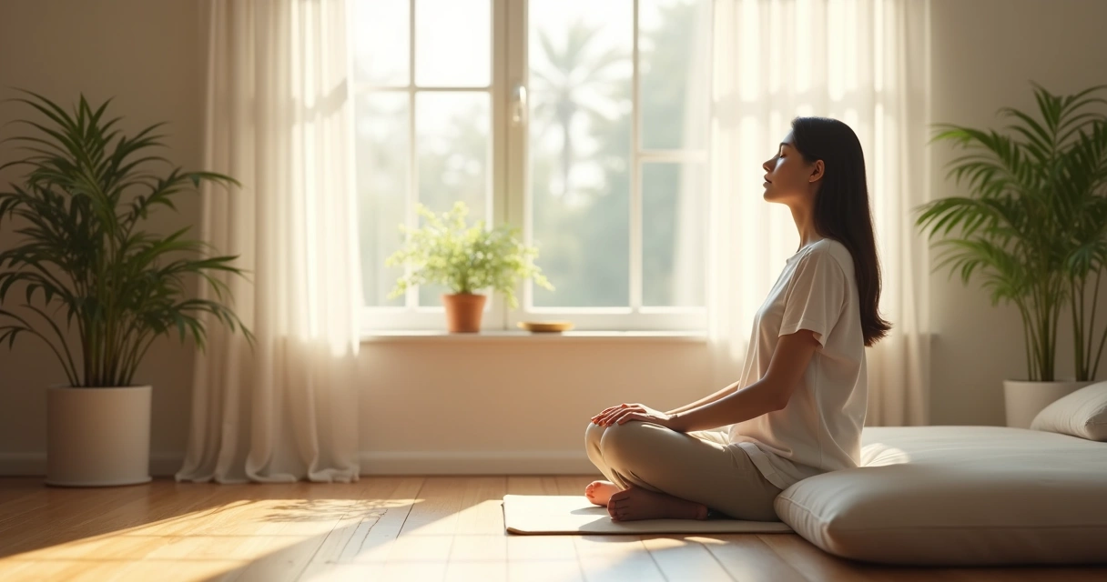 Pessoa sentada sozinha em ambiente calmo, olhos fechados e expressão leve, transmitindo tranquilidade 