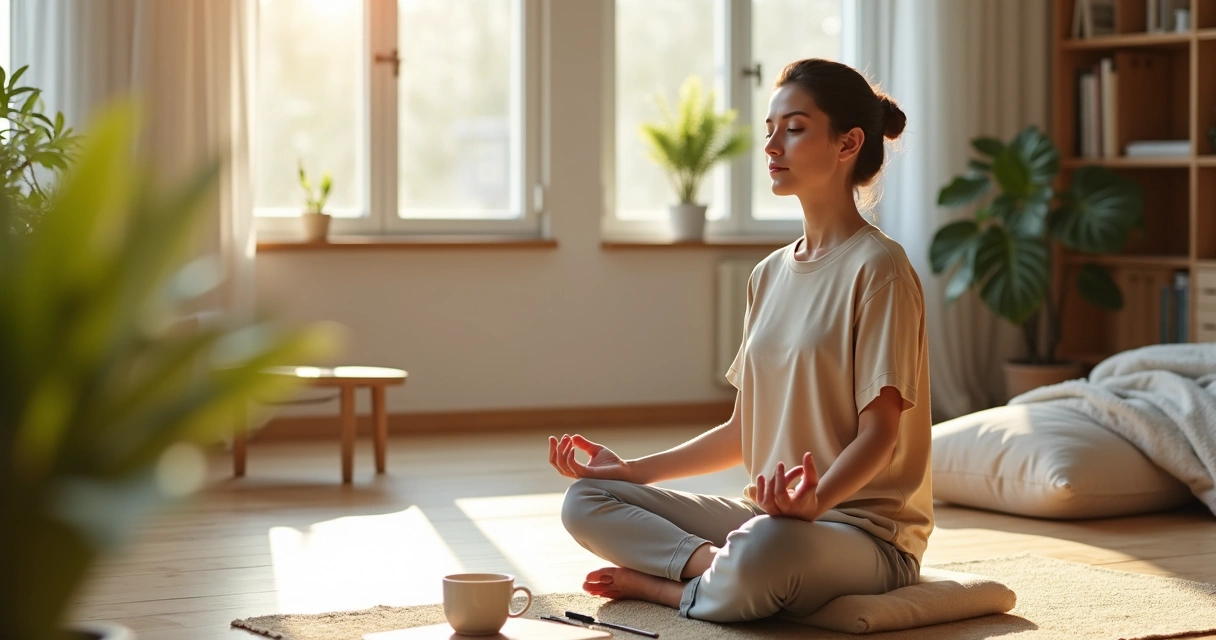 Pessoa sentada no chão meditando com atenção plena em uma sala iluminada pela luz do dia 