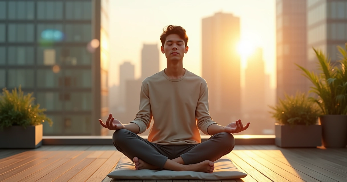 Pessoa meditando com presença consciente em meio à cidade moderna 