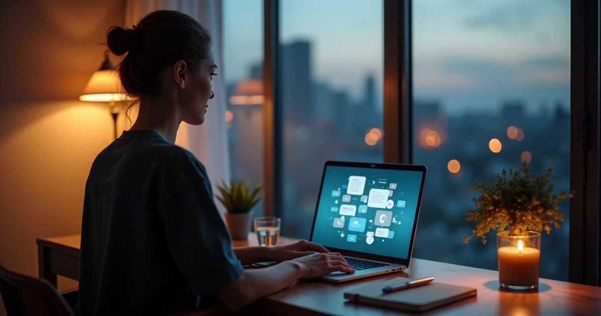 Pessoa usando notebook em ambiente calmo com foco na atenção plena 