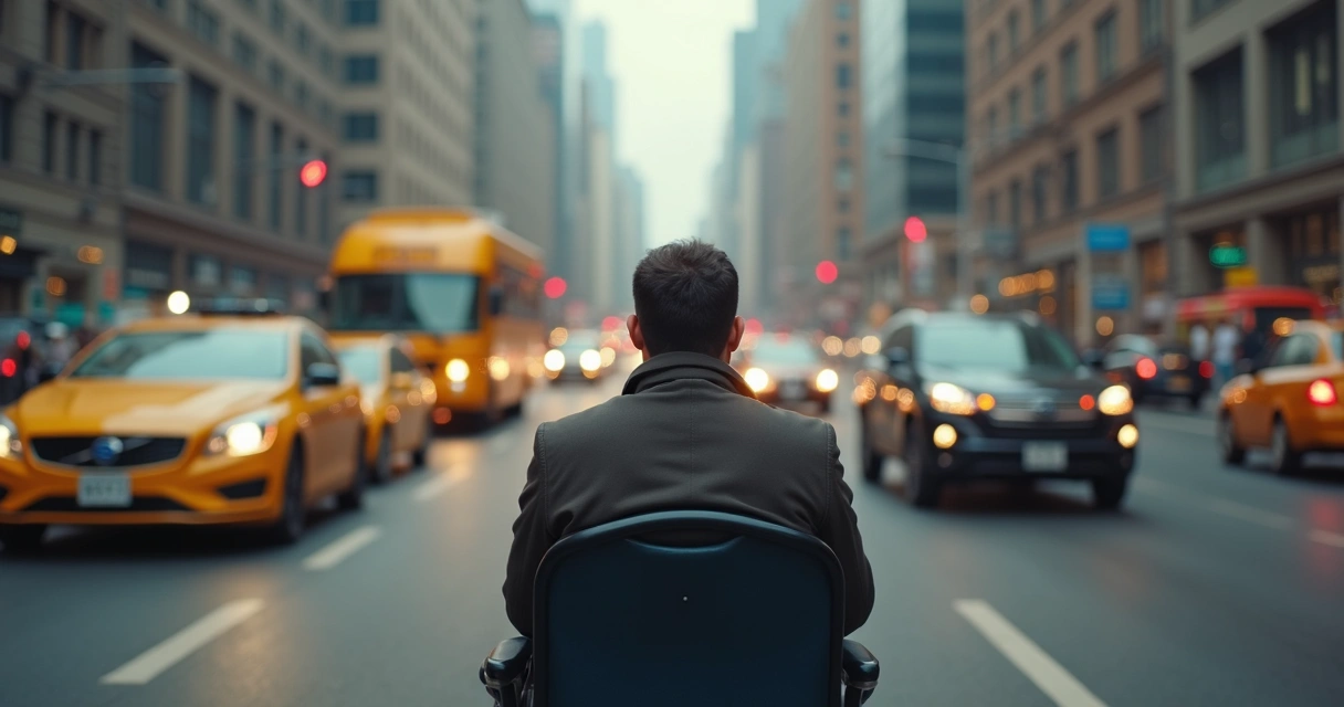 Pessoa sentada focada em meio ao trânsito intenso 