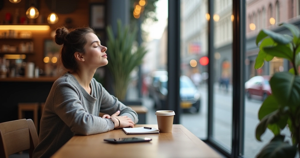 Pessoa sentada em um café movimentado praticando respiração consciente com olhar sereno 
