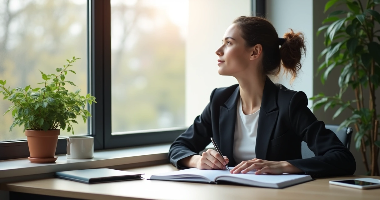 Pessoa sentada em uma mesa de trabalho olhando pela janela, expressão serena, objetos de escritório, luz natural entrando